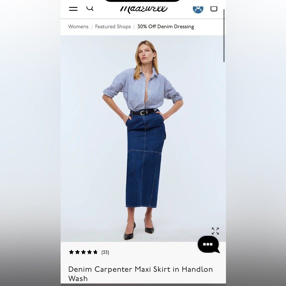 Madewell denim carpenter maxi skirt, size 30, NWT